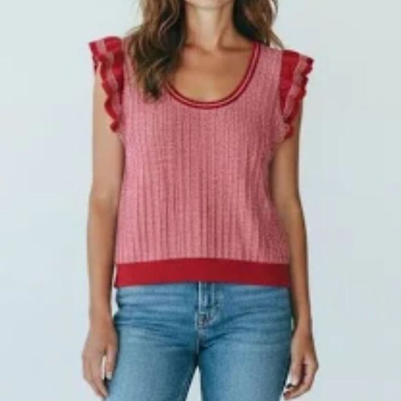 Old Navy Flutter Sleeve Sweater Knit Top Women’s Medium Bright Coral & White - Picture 1 of 6